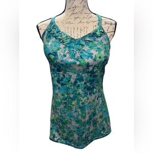 REI Tank Top Women Green Blue Floral Built In Shelf Bra Grey Strappy Size 10